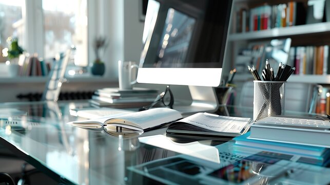 A professional workspace with a desktop computer, an open notebook, and a stack of business magazines on a glass desk.