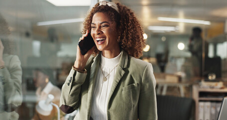 Woman, phone call and excited at night in office with laugh for conversation, contact and networking at media company. Person, happy and smartphone with deal, overtime and talking at creative agency