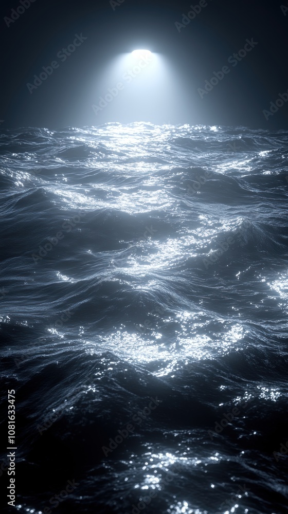 Poster a dark ocean scene illuminated by a single light source above.