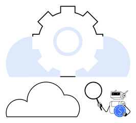 Robot with magnifying glass examines cloud data. Gear mechanism above symbolizes technology. Ideal for AI, technology, data analysis, cloud computing, automation, research innovation. Line metaphor