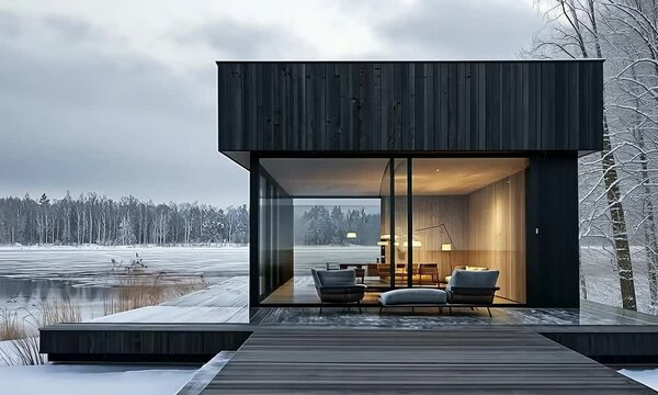 Scandinavian home with a simple, clean facade and large windows, overlooking a frozen lake and snowy pine trees