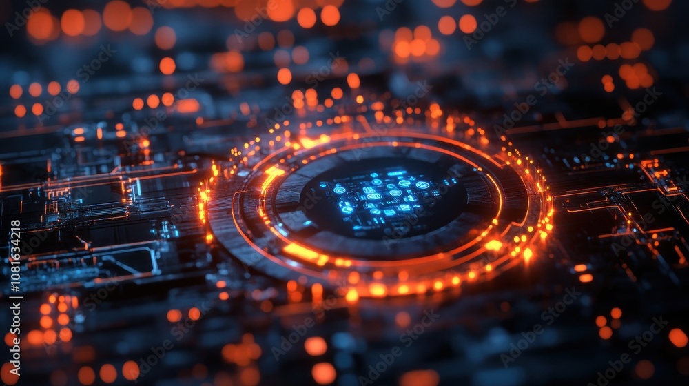 Aufkleber futuristic technological background with glowing circuits and a central hub.