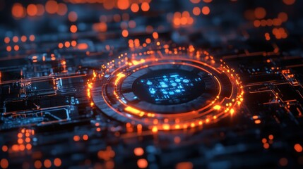 Futuristic technological background with glowing circuits and a central hub.