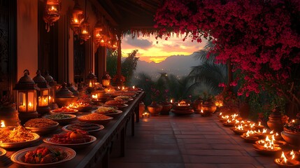 Obraz premium dining table with plates of food and glowing candles.