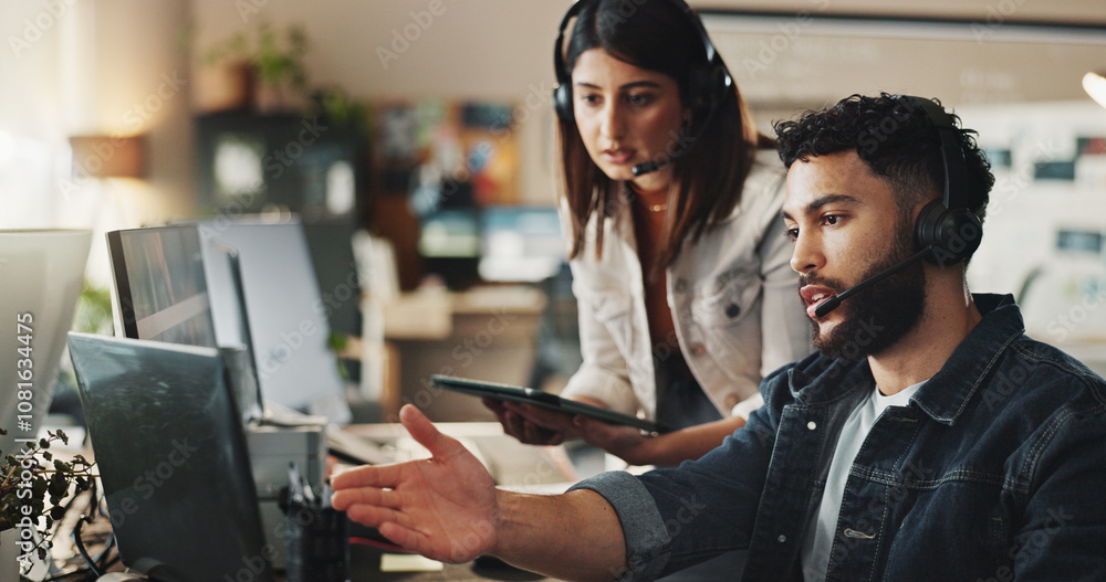 Poster advice, woman and man in tech support with headset, online help and website connection problem. mana