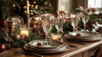 Festive holiday dinner table with plates, glasses, and Christmas decorations for a celebration