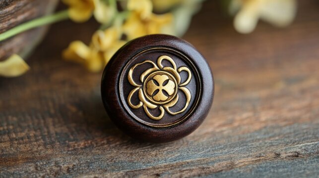 A close-up of a round, dark brown wooden knob with a gold metal floral design.