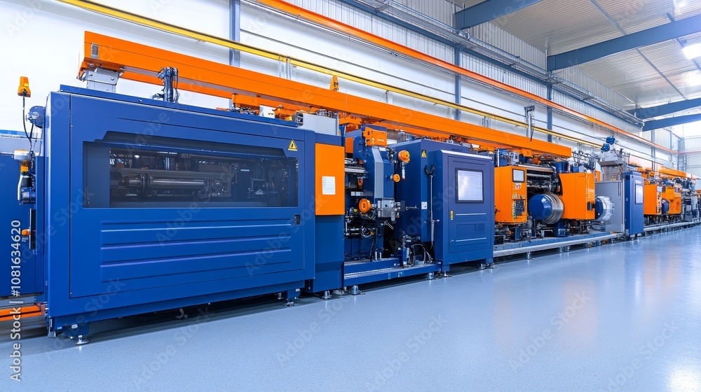 Poster industrial production line with automated machinery in a factory setting