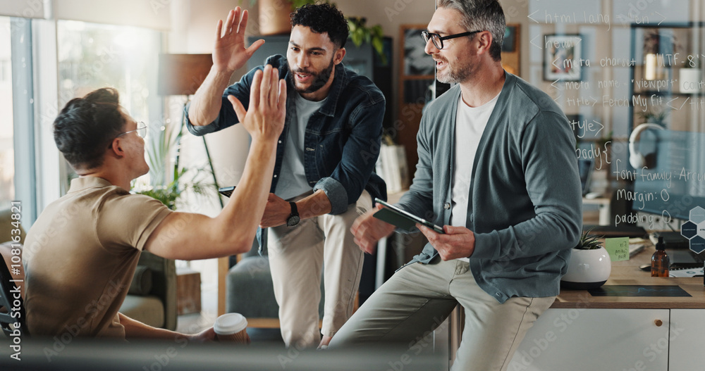 Aufkleber Programmer, teamwork and high five with business people in office for website developer, coding bootcamp and success. Support, collaboration and software engineer with employees in tech startup