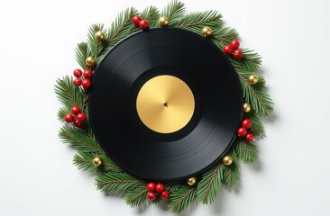 Black vinyl record surrounded by pine branches on a white background. Flat lay composition with copy space. Christmas holiday and music concept. Design for greeting card, poster, invitation, banner