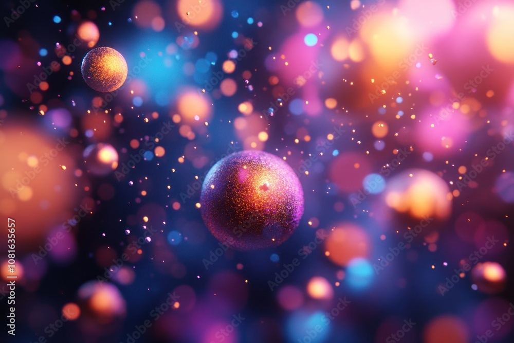 Poster abstract background with colorful spheres and bokeh lights.