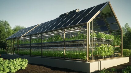 Obraz premium Modern greenhouse structure with vertical farming powered by rooftop solar panels isolated on natural.