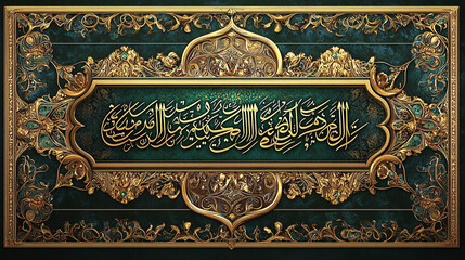 A beautiful calligraphic artwork with intricate golden details on a teal background.