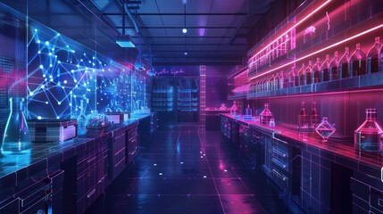 A futuristic laboratory interior with neon lights and high-tech equipment, featuring a digital network hologram.