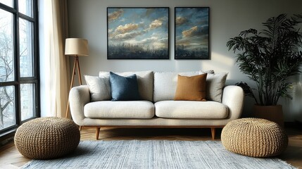 Cozy and Modern Living Room Interior with Soft Sofa, Decorative Cushions, Art Frames, and Stylish Plants Illuminated by Natural Light