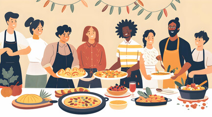 Illustration of Diverse Group of People Preparing Food for Dinner