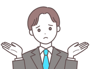 両手を広げて困った表情のスーツの男性