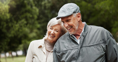 Date, love and laughing with old couple in park for retirement, happiness and wellness. Funny,...