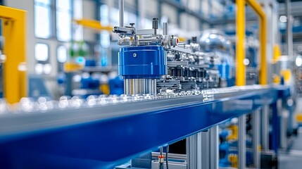 Fototapeta premium Automated Industrial Manufacturing Process with Blue Conveyor Belt and Machinery