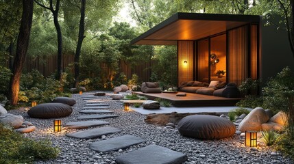 Serene outdoor space with a cozy seating area and pathway.