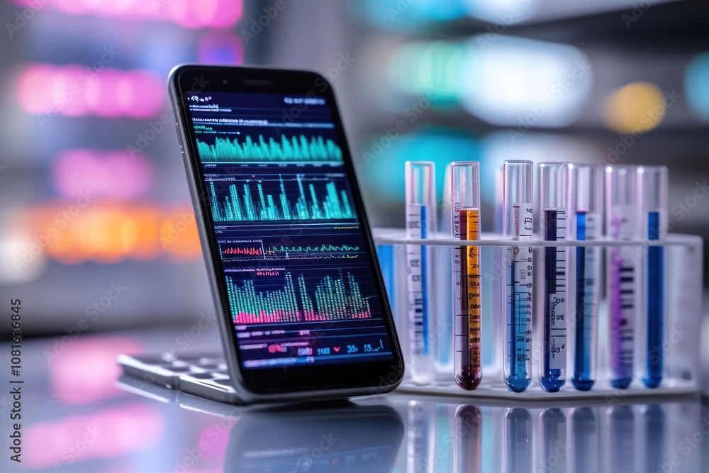 Poster a smartphone displaying data charts stands near test tubes filled with colorful liquids in a laborat