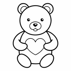 Teddy Bear Line Art Holding a Heart Outline with White Background