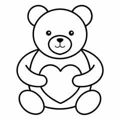 Teddy Bear Line Art Holding a Heart Outline with White Background