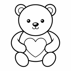 Teddy Bear Line Art Holding a Heart Outline with White Background