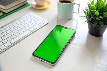 A green phone sits on a table next to a laptop and two other phones
