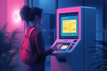 A young woman uses an ATM machine at night, illuminated by neon lights.