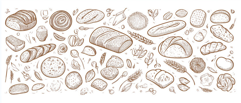 Hand-drawn illustrations of various bread types and ingredients