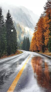 Scenic Autumn Road Through Misty Mountain Forest in Rain. Background. Seamless looping motion design. Video animation. A picturesque road curves through a misty mountain forest, lined with vibrant