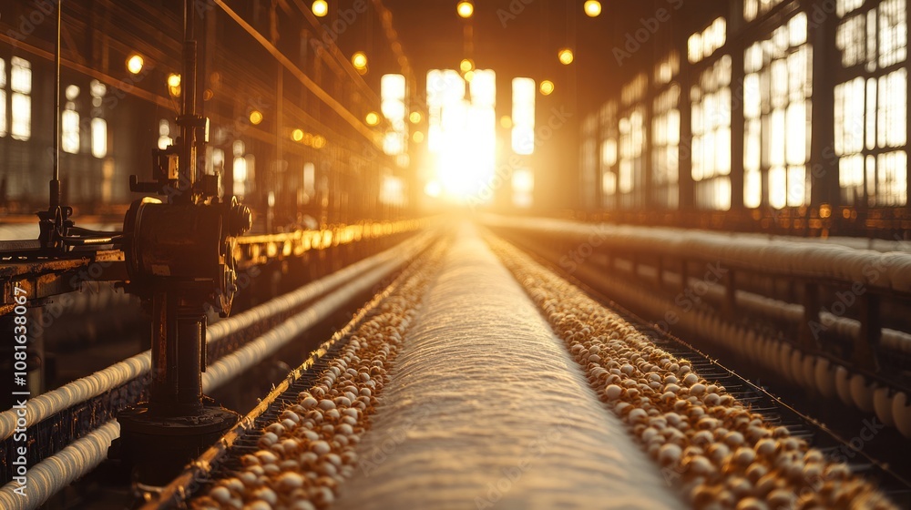 Poster a long row of spinning machines in a textile factory with the sun shining through the windows.