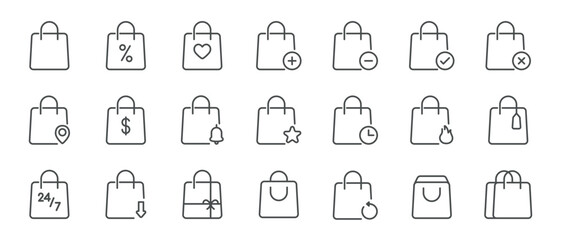 Shopping Bag Icon Set. Line Icons Representing Discounts, Favorites, Add, Remove, Location, Notifications, Price, Tags, and Features for E-commerce and Online Stores