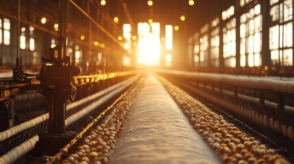 Fototapeta premium A long row of spinning machines in a textile factory with the sun shining through the windows.