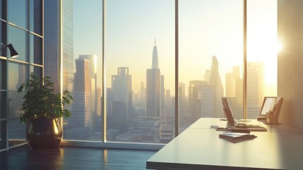 Modern office with a panoramic city view during sunrise.