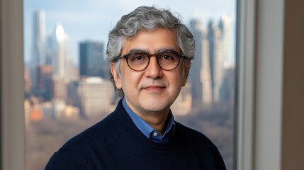 Fototapeta premium Professional South Asian Man with Glasses Posing Near a Window in an Urban Setting, Showcasing a Bright and Modern Office Background