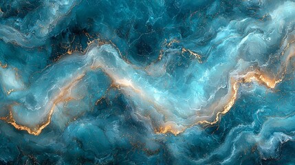 Abstract blue and gold fluid art resembling ocean waves and swirling patterns.