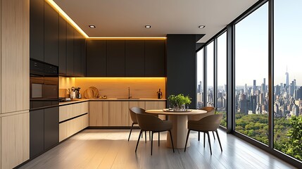3D rendering of a modern kitchen with light wood background