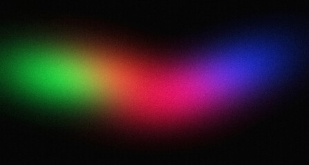 Abstract glowing color spot grainy backdrop design. Soft pink purple green red black color noisy gradient on dark, vibrant colors flow, shine, bright, smooth, noise texture background