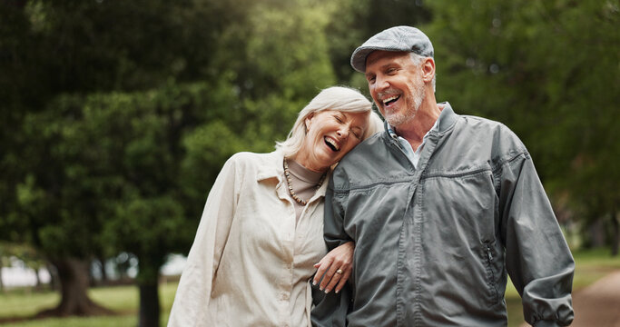 Funny, love and laughing with old couple in park for retirement, happiness and wellness. Smile, date and romance with senior man and woman bonding in nature for partner, marriage and comedy together