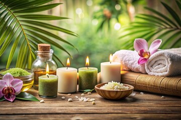 A table with candles, flowers, and towels