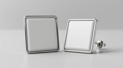 Mockup of a white enamel pin, front and back views, 3D rendering. Mockup of an empty luxury hard lapel badge. Silver clasp-pin design template. Mockup of a matte square brooch for the presentation