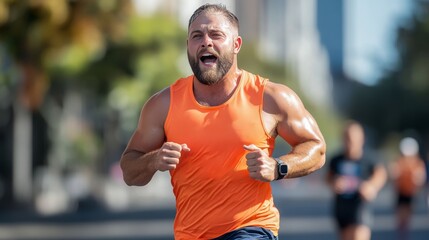 Energetic Male Runner Competing in a Marathon Event Reflecting Perseverance, Determination, and Joy in Urban Setting with Bright Morning Light