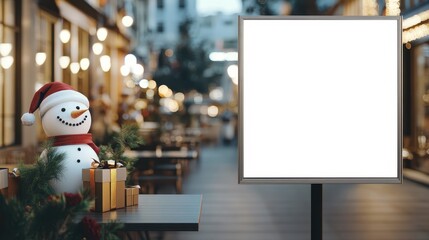 White empty billboard at cafe for all purpose advertisment in christmas festival.