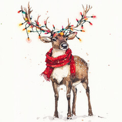 festive reindeer adorned with colorful lights and red scarf, embodying holiday spirit. This charming illustration captures joy of season beautifully