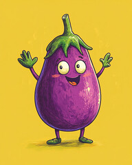 遊び心あるナスのキャラクター 可愛い野菜イラスト Playful Eggplant Character Cute Vegetable Illustration