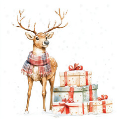 festive deer wearing scarf stands beside colorful wrapped gifts in snow, creating cheerful holiday scene