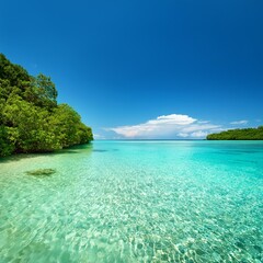 Fototapeta premium Tropical Coastal Lagoon With Calm Turquoise Waters, Surrounded by Mangroves and Sandy Shores, Under the Bright Midday Sun and Clear Blue Skies in a Remote Island Setting