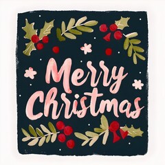 "Merry Christmas" text on dark background with festive holly leaves and red berries, seasonal greeting illustration
